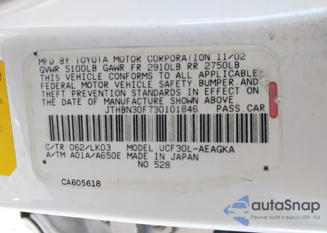 2003 Lexus Ls 430 z USA, uszkodzony, nr VIN JTHBN30F730101846